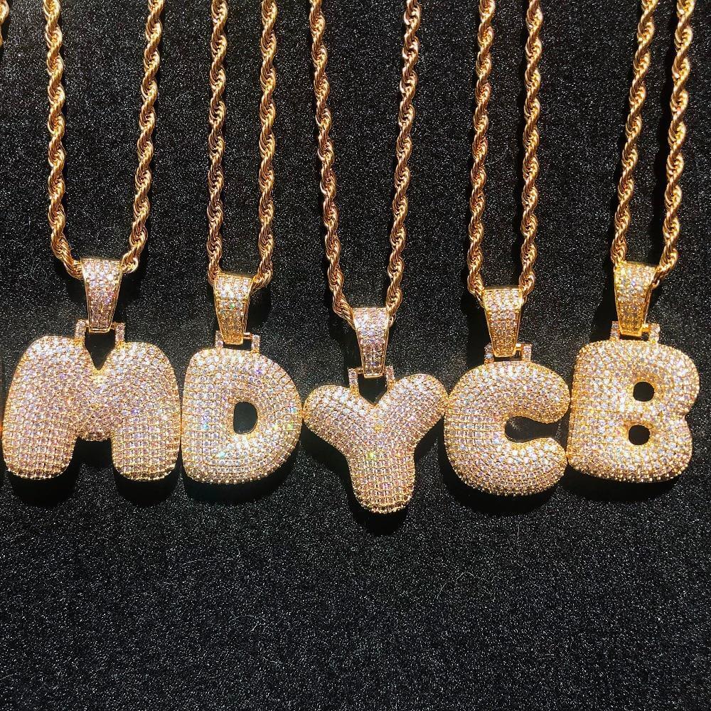 A Z Custom Name Bubble Letters Necklaces Pendant Chain For Men Women Gold Silver Color Cubic Zircon Hip Hop Jewelry Gifts