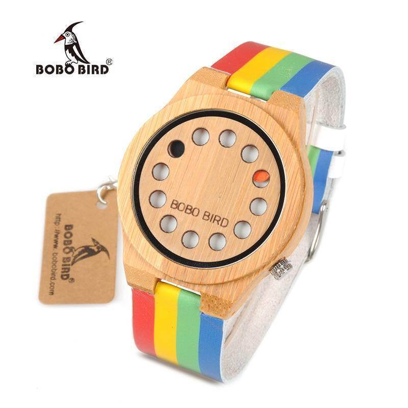 Bamboo Wood Unisex Watch Rainbow Leather Band With Wooden Gift Box