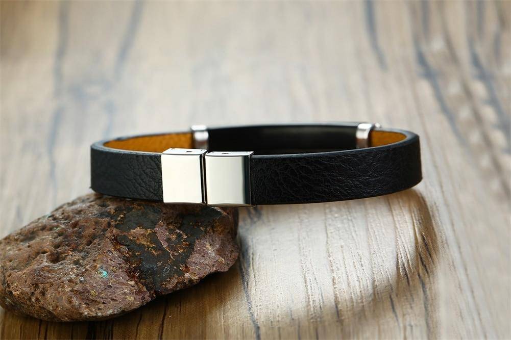 Black Genuine Leather Medic Id Bracelet