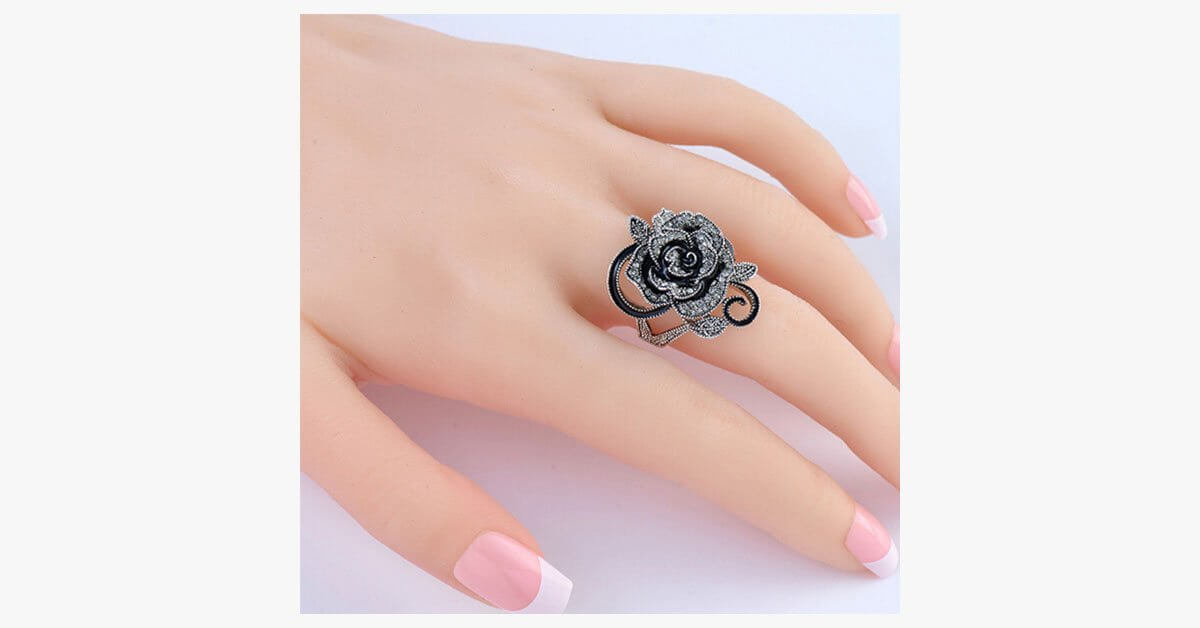 Black Rose Silver Plated Crystal Ring