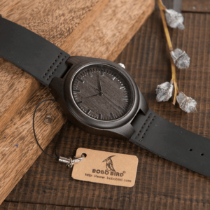 Bobo Bird Mens Black Wooden Watch With Real Leather Quartz Natural Ebony Wood