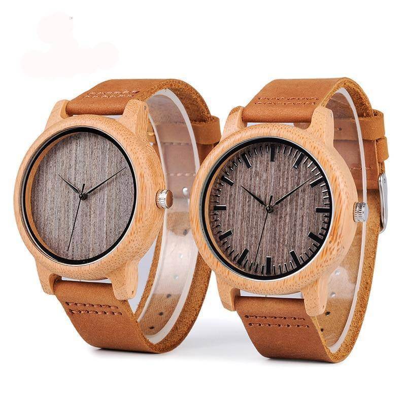 Bobo Bird Vintage Lightweight Round Bamboo Wooden Quartz Watch With Leather Bands