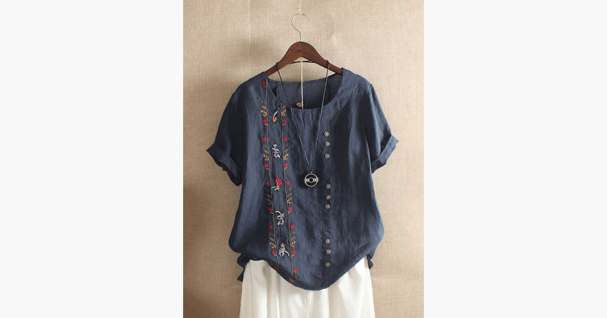 Bohemian Embroidery Floral Short Sleeve Summer T Shirt