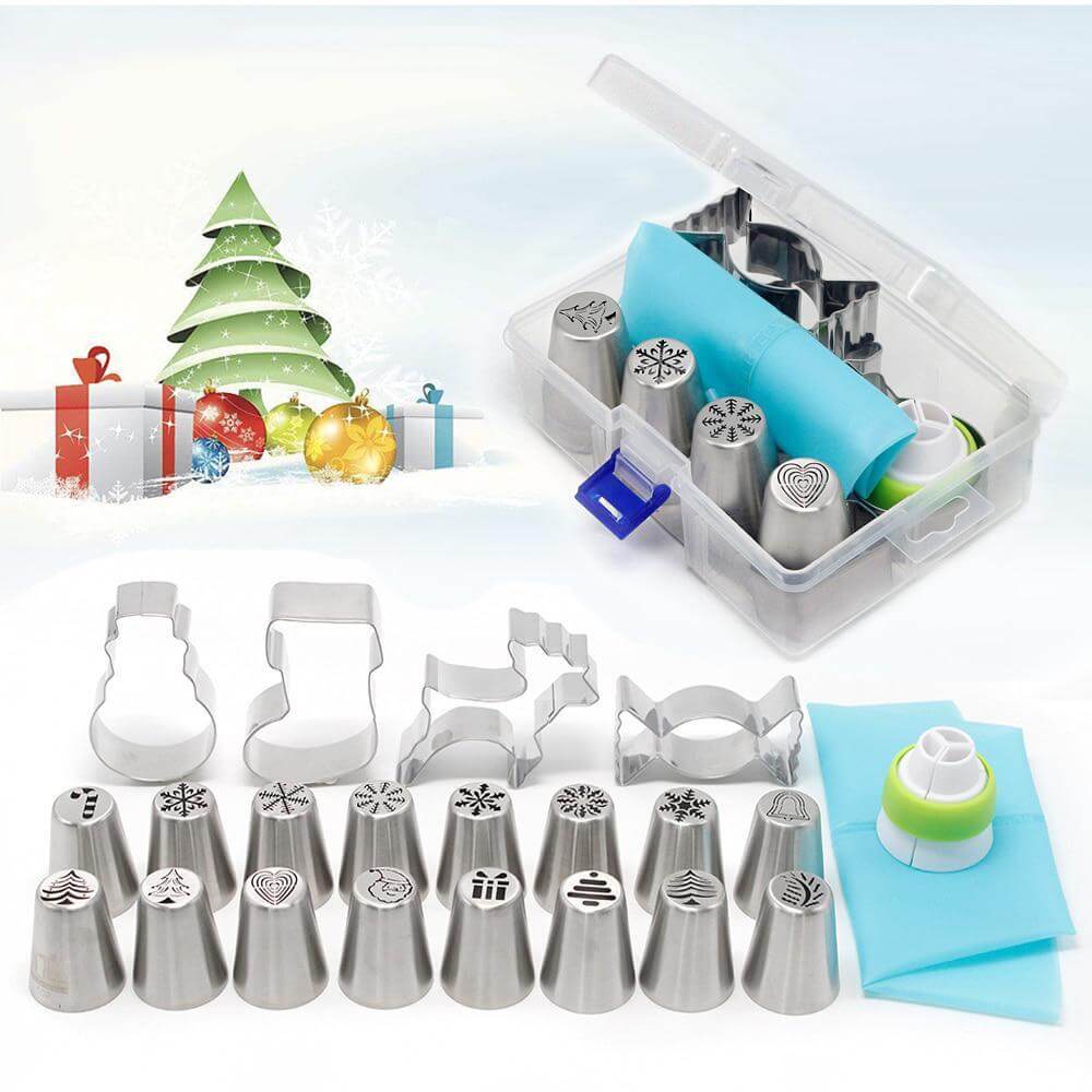 Christmas Cookie Cutters Set Icing Nozzle Metal Decorating Supplies