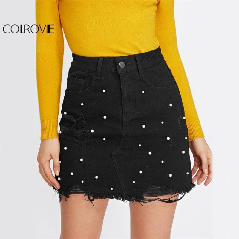 Colrovie Black Pearl Detail Ripped Skirt