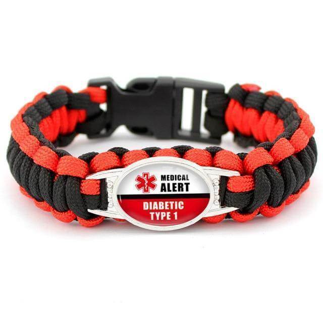 Diabetic Med Alert Bracelet Red Black Braided Rope