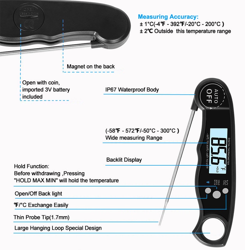 Digital Meat Thermometer Waterproof Instant with Calibration and Back light