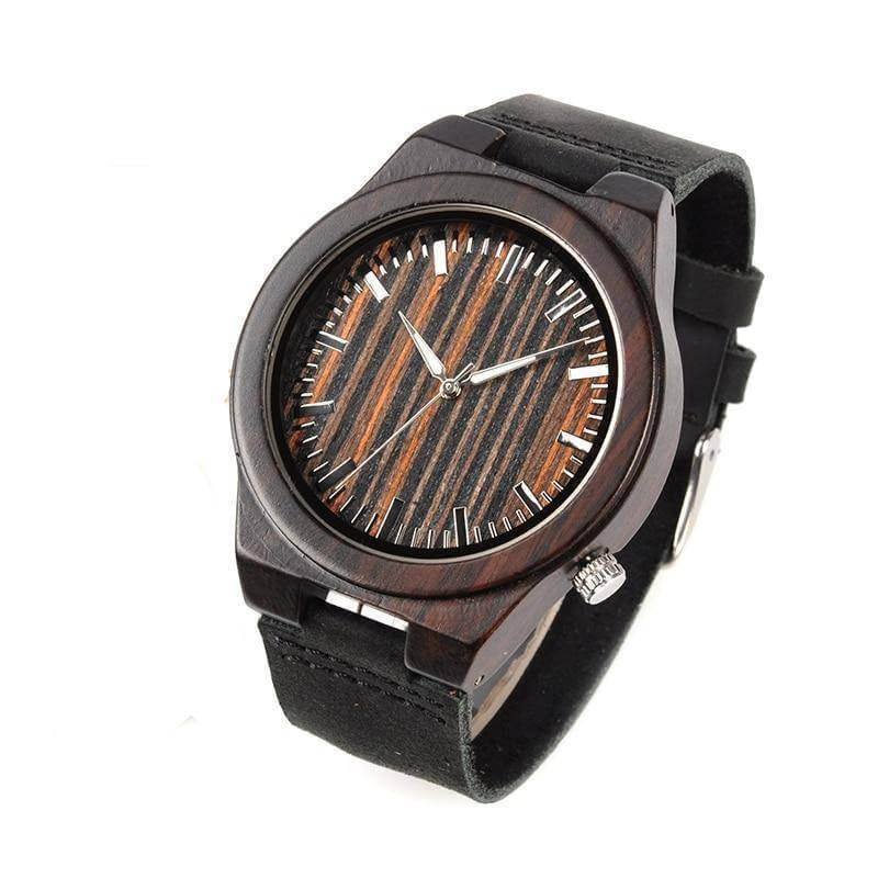 Ebony Wooden Watch With Wood Dial Face And Leather Band For Men