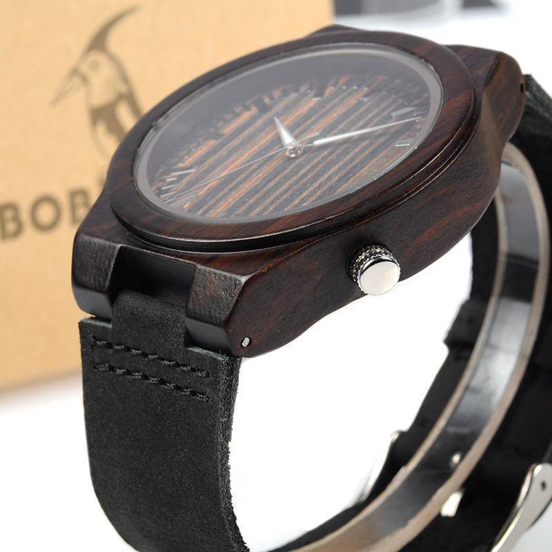 Ebony Wooden Watch With Wood Dial Face And Leather Band For Men