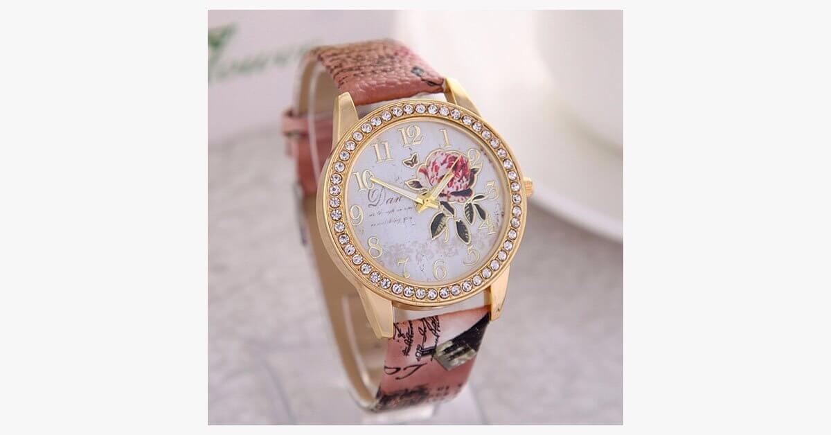 Elegant Rose Wrist Watch Multicolor Quartz Watch With Leather Band