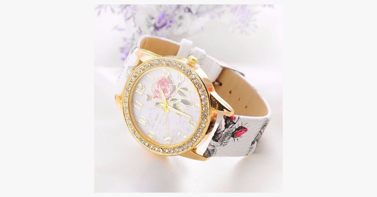 Elegant Rose Wrist Watch Multicolor Quartz Watch With Leather Band