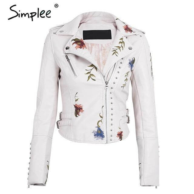 Embroidery Faux White Leather Jacket