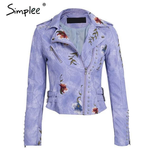 Embroidery Faux White Leather Jacket
