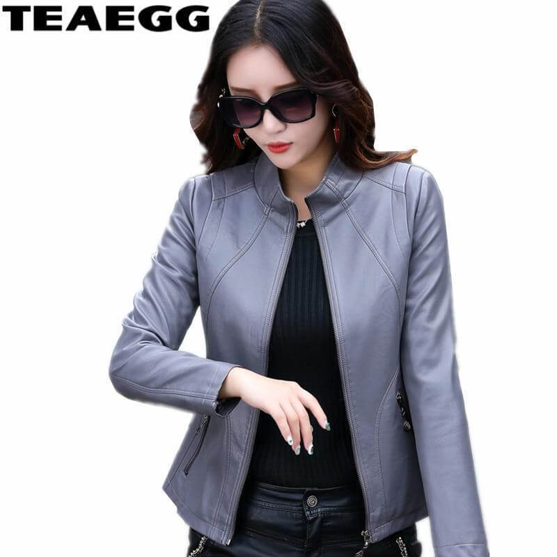 Gray Casual Pu Faux Leather Jackets Coat