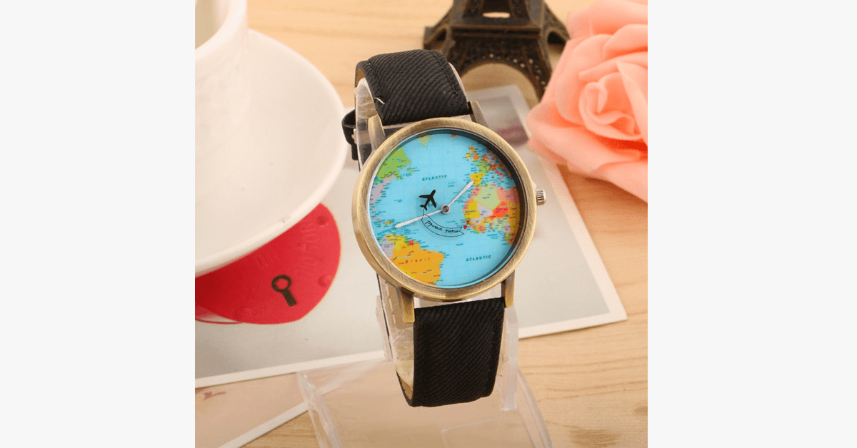 Leather Quality World Map Quartz Watch