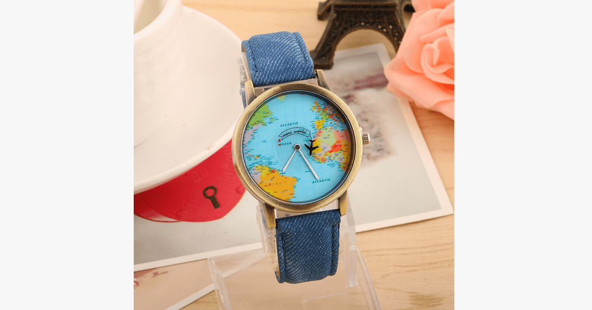 Leather Quality World Map Quartz Watch