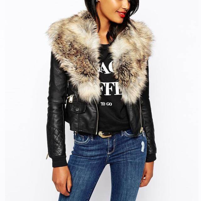 Lleather Jacket Coat With Fox Fur Collar