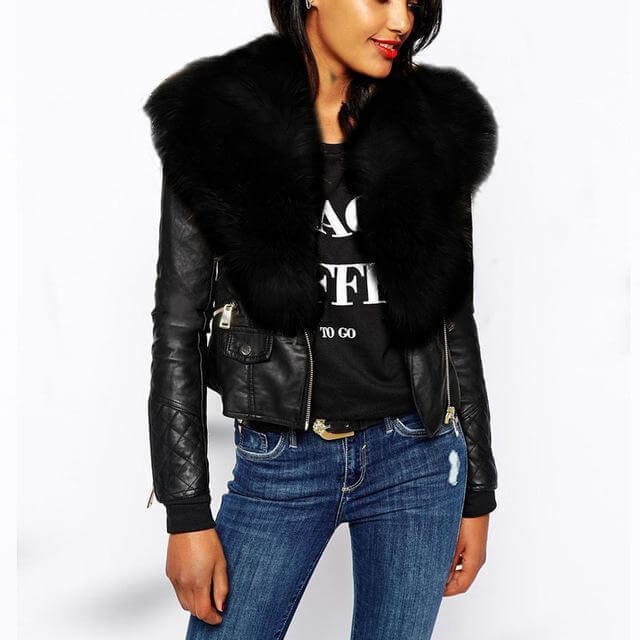 Lleather Jacket Coat With Fox Fur Collar