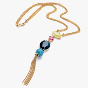 Long Multi Colored Gem Stone Tassle Necklace