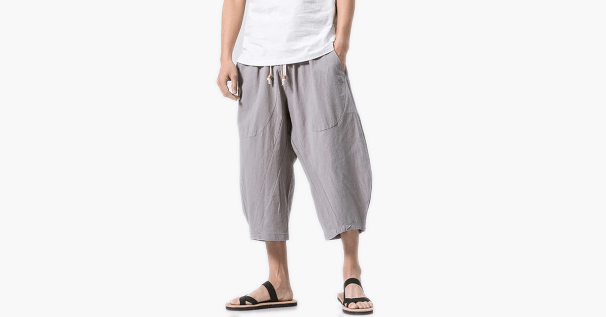 Mens Breathable Cotton Linen Drawstring Casual Shorts