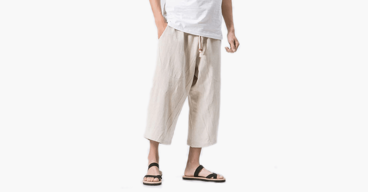 Mens Breathable Cotton Linen Drawstring Casual Shorts