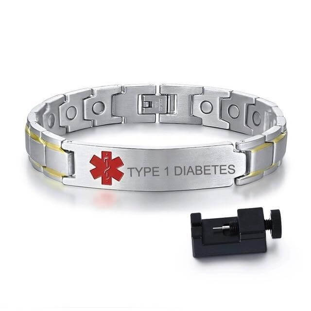 Mens Diabetic Medical Id Bracelet Stainless Steel For Type 1 And Type 2 Diabetes