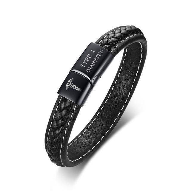 Mens Type 1 Diabetes Medical Alert Bracelet Black Genuine Leather