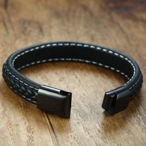 Mens Type 1 Diabetes Medical Alert Bracelet Black Genuine Leather