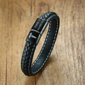 Mens Type 1 Diabetes Medical Alert Bracelet Black Genuine Leather