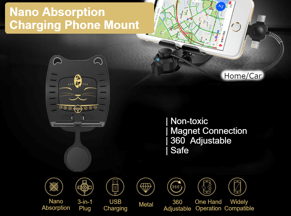 Nano Absorption Phone Mount With 3 In 1 Magnet Charging Cable 360 Rotation