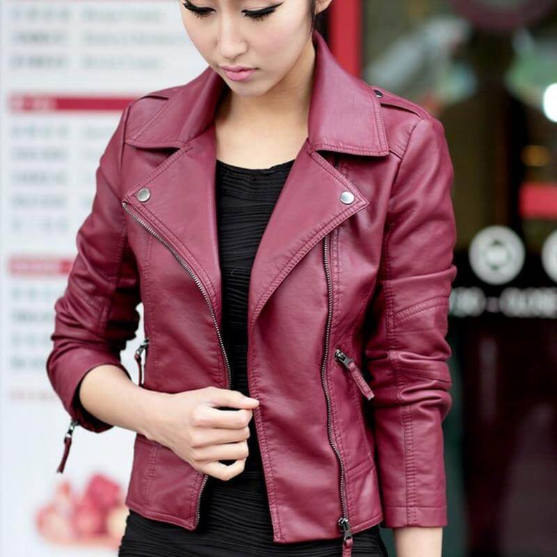 New Spring Women Leather Jacket Red Black