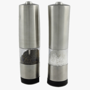 Pair Of Brushed Stainless Steel Electric Grinders Salt Pepper
