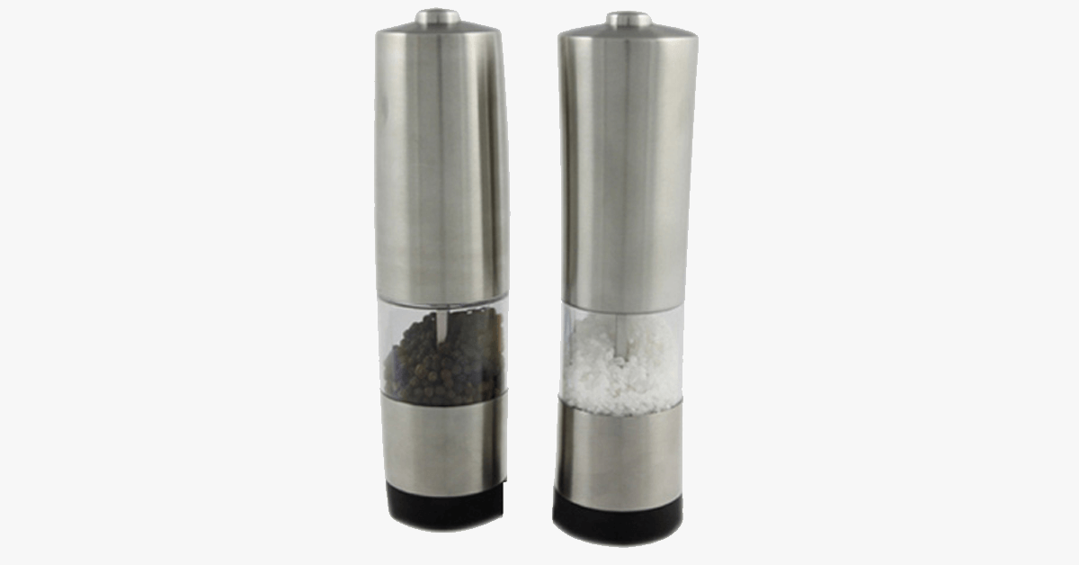 Pair Of Brushed Stainless Steel Electric Grinders Salt Pepper