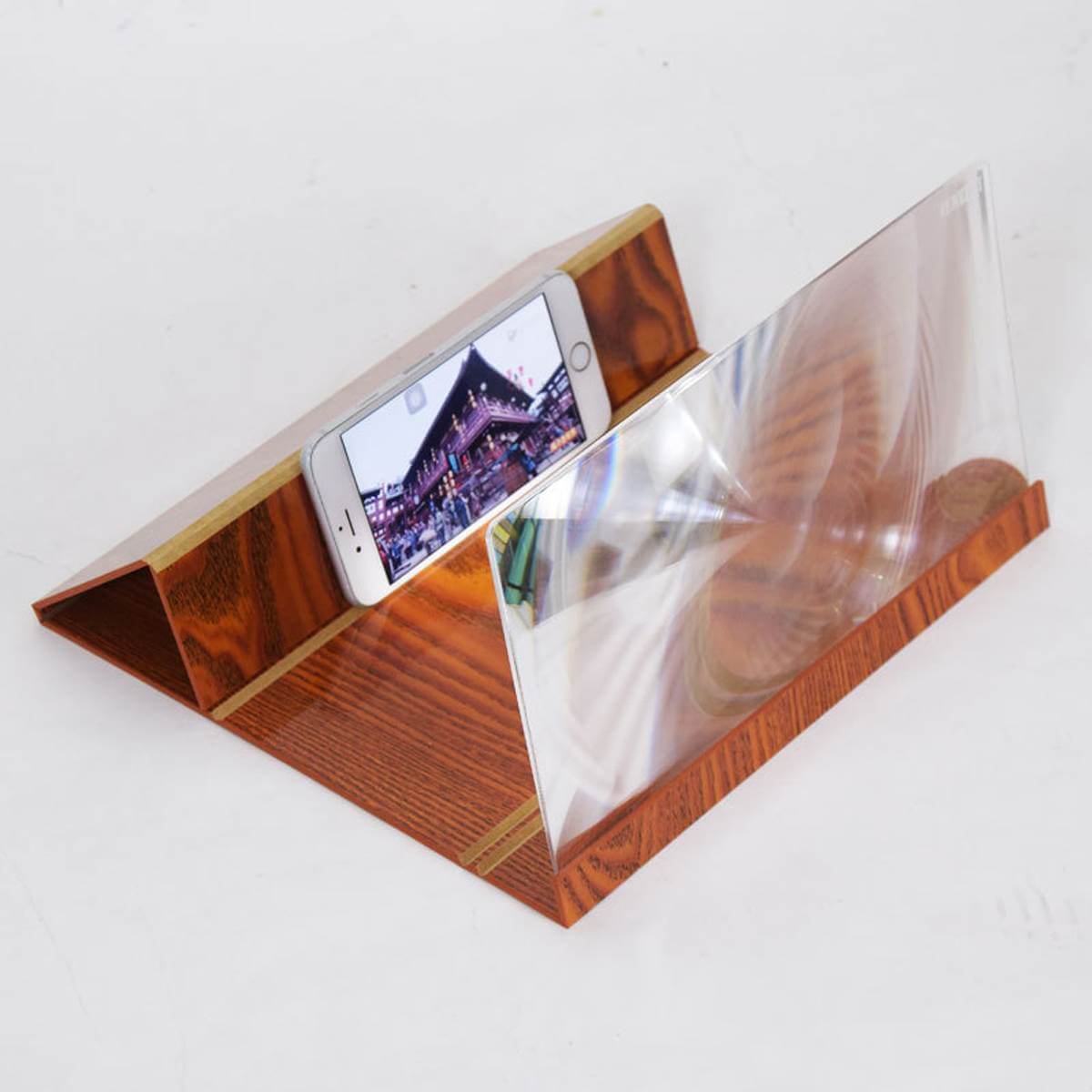 Phone Magnifier 3D Screen Foldable Portable Wooden In Gold Brown And White