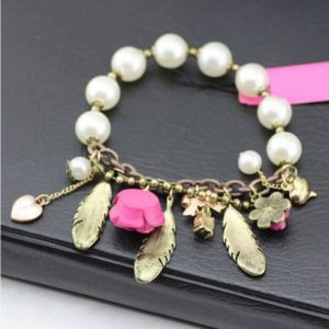 Pink Flower Feather Pearl Stretch Bracelet