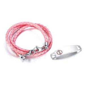Pink Leather Medic Alert Id For Kids Triple Wrap Bracelet