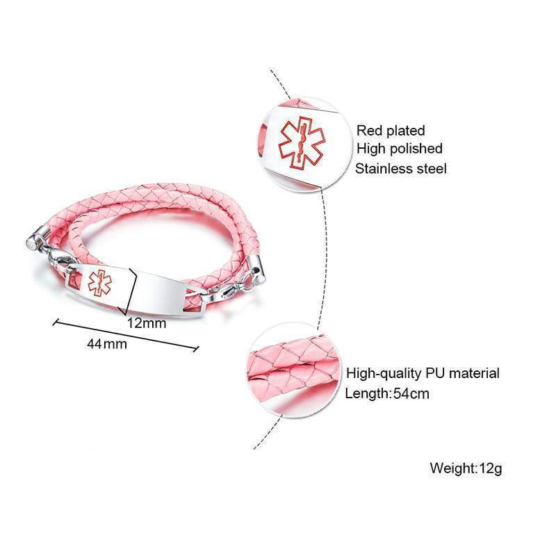 Pink Leather Medic Alert Id For Kids Triple Wrap Bracelet