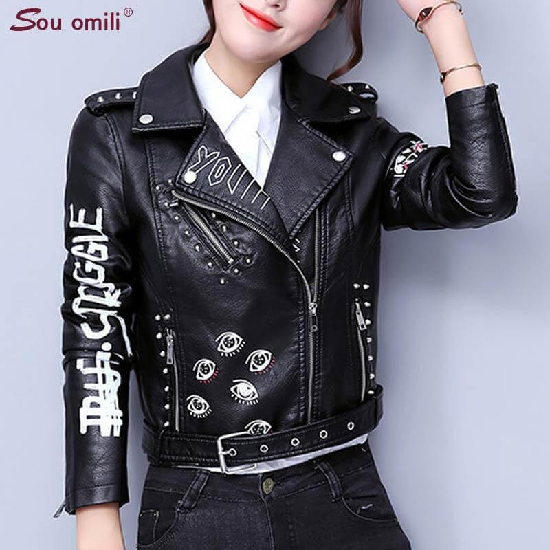 Printed Letters Rivet Faux Leather Jacket