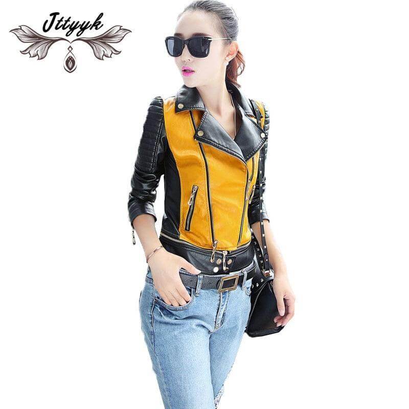 Pu Leather Motorcycle Jacket Patchwork