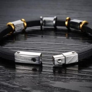 Punk Gold Stainless Steel Black Genuine Silicone Mens Bracelet