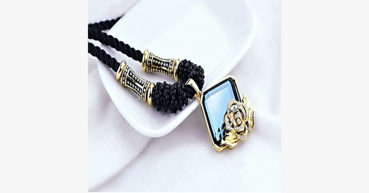 Rose Crystal Black Rope Necklace