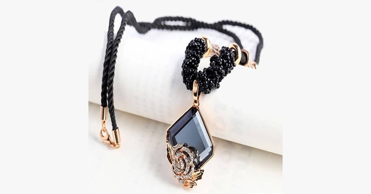 Rose Crystal Black Rope Necklace