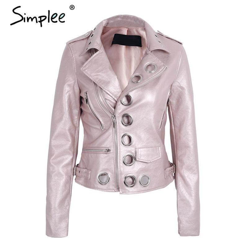 Round Hole Zipper Pu Leather Jacket