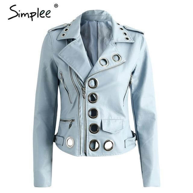 Round Hole Zipper Pu Leather Jacket