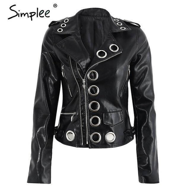 Round Hole Zipper Pu Leather Jacket