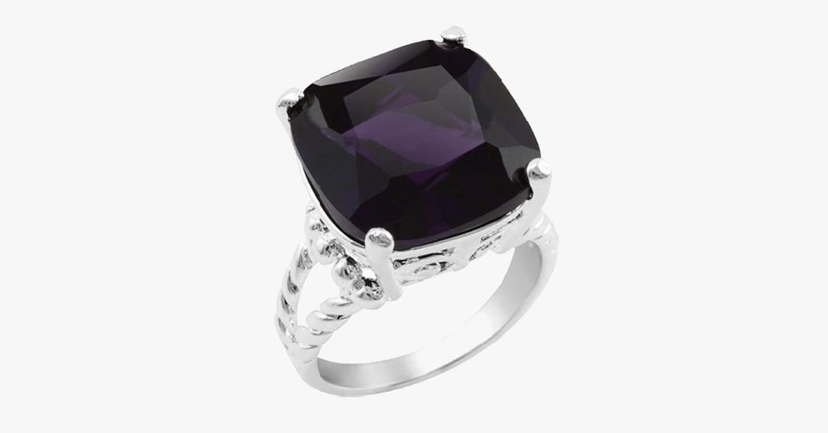 Silver Plated Cushion Cut 15Mm Midnight Purple Cocktail Ring With Cable Split Shank