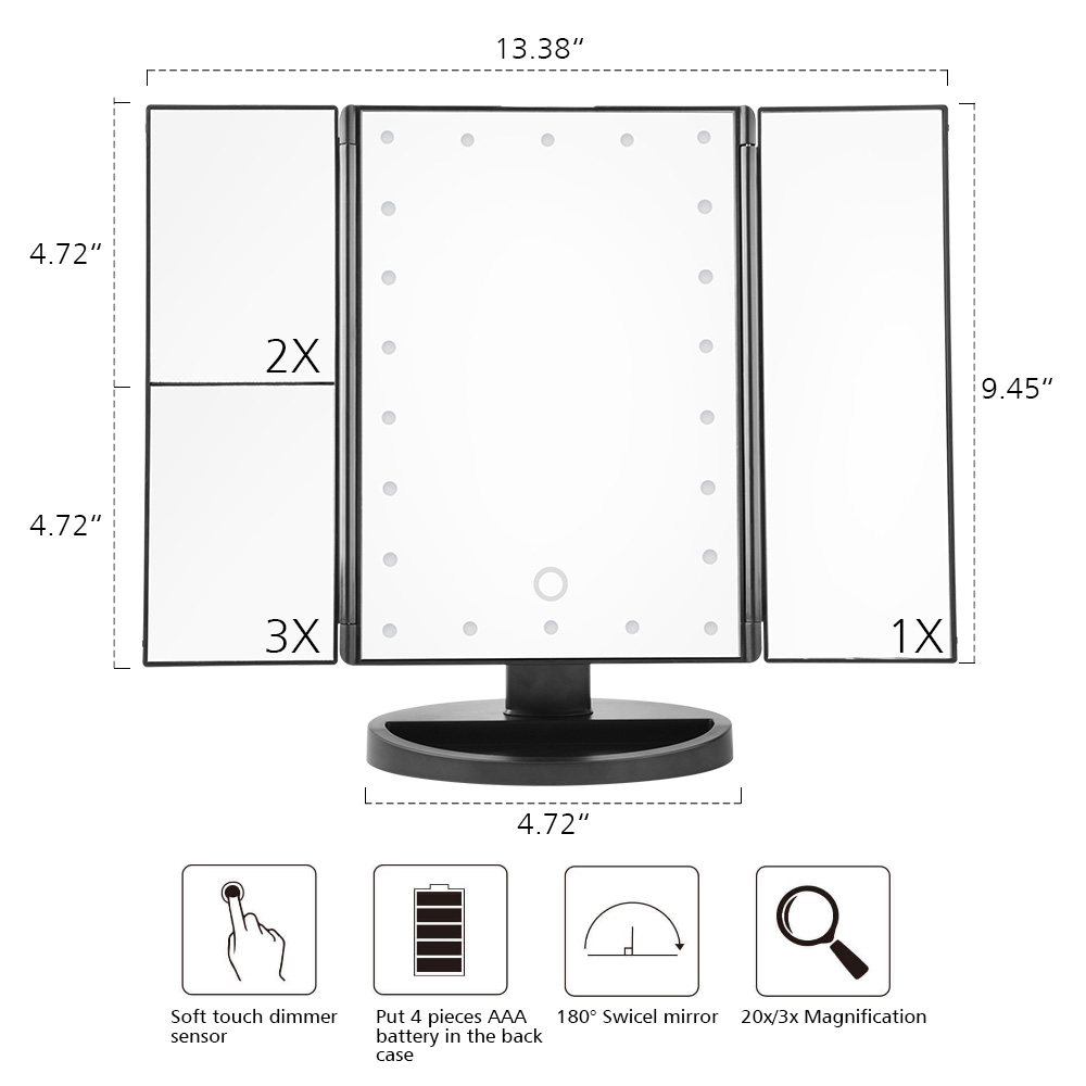 Touch Screen Folded Desktop Magnifying Mirrors with 22 LED Lights