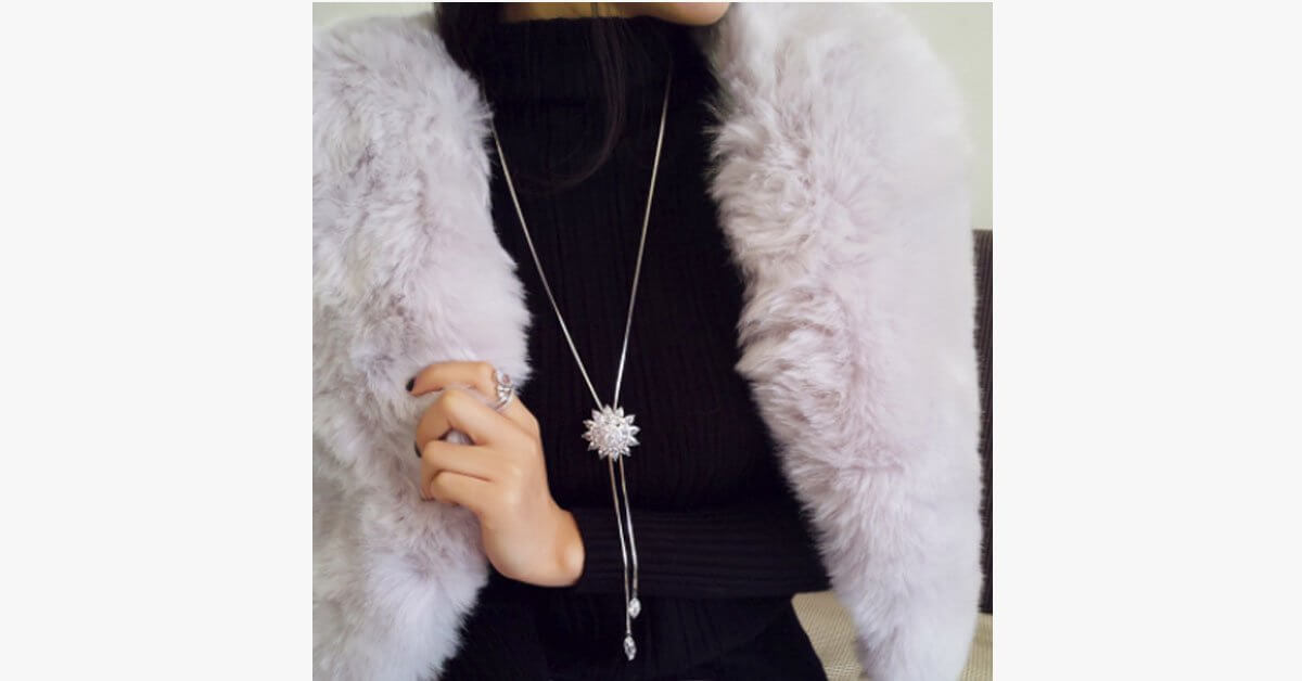 White Crystal Sunflower Tassel Long Necklace Metallic Link Chain Crystal Simulated Necklace For A Sophisticated Look