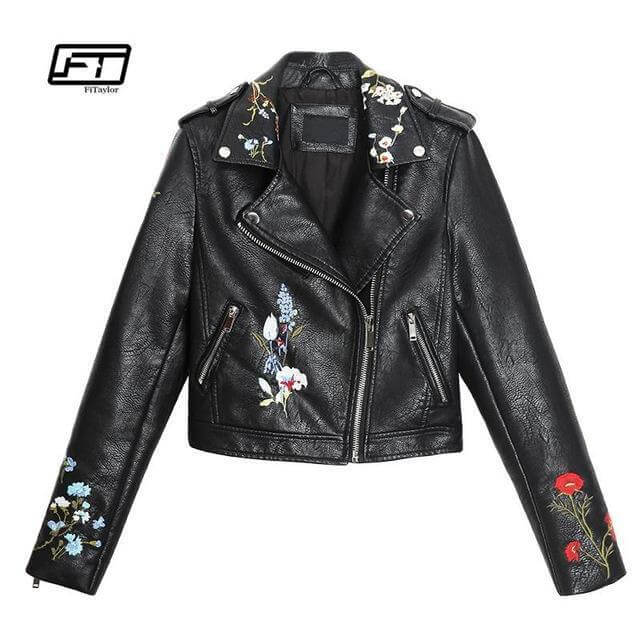 Women Embroidery Faux Leather Jacket