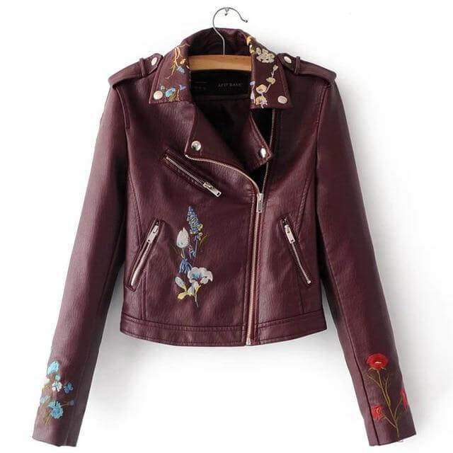 Women Embroidery Faux Leather Jacket